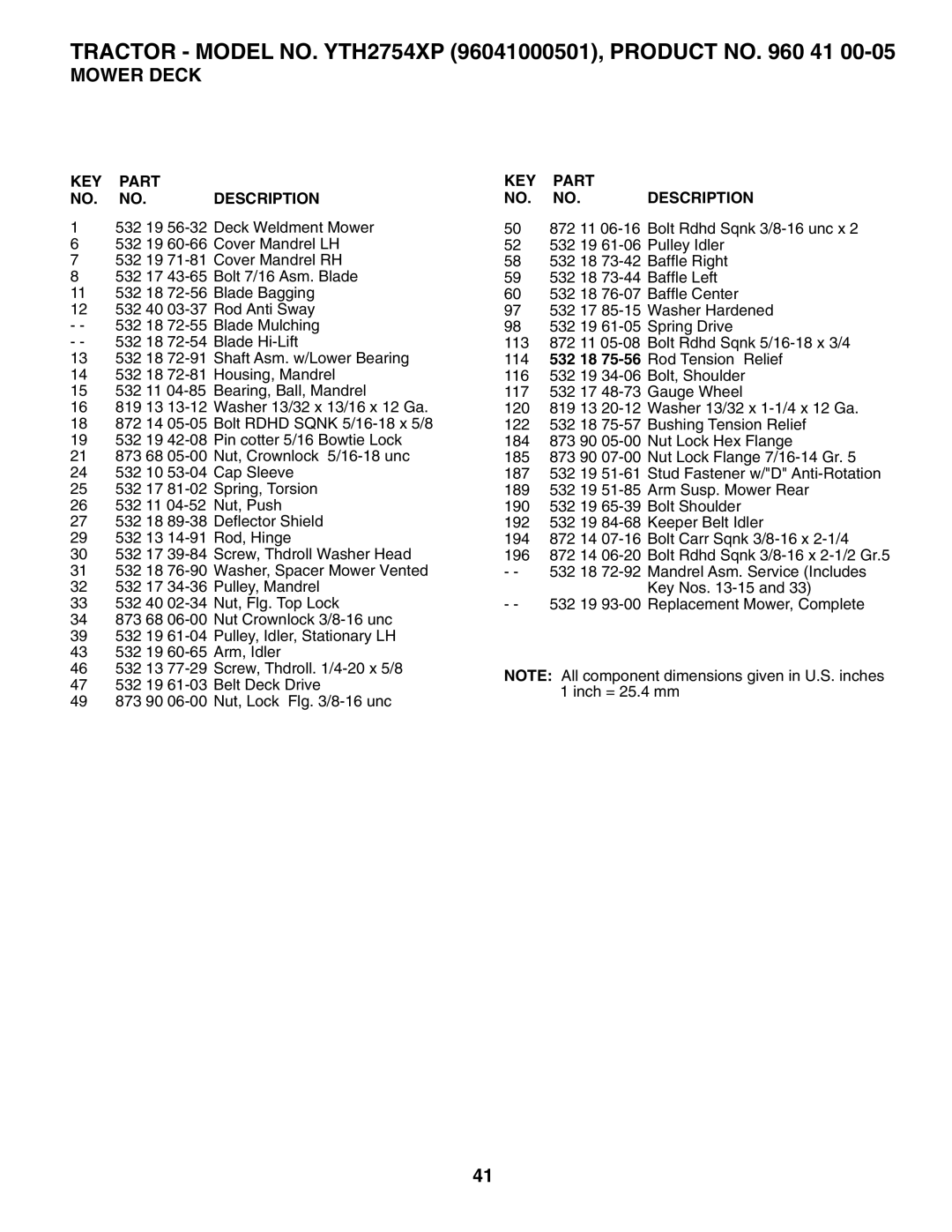 Husqvarna YTH2754XP owner manual KEY Part NO. NO. Description 