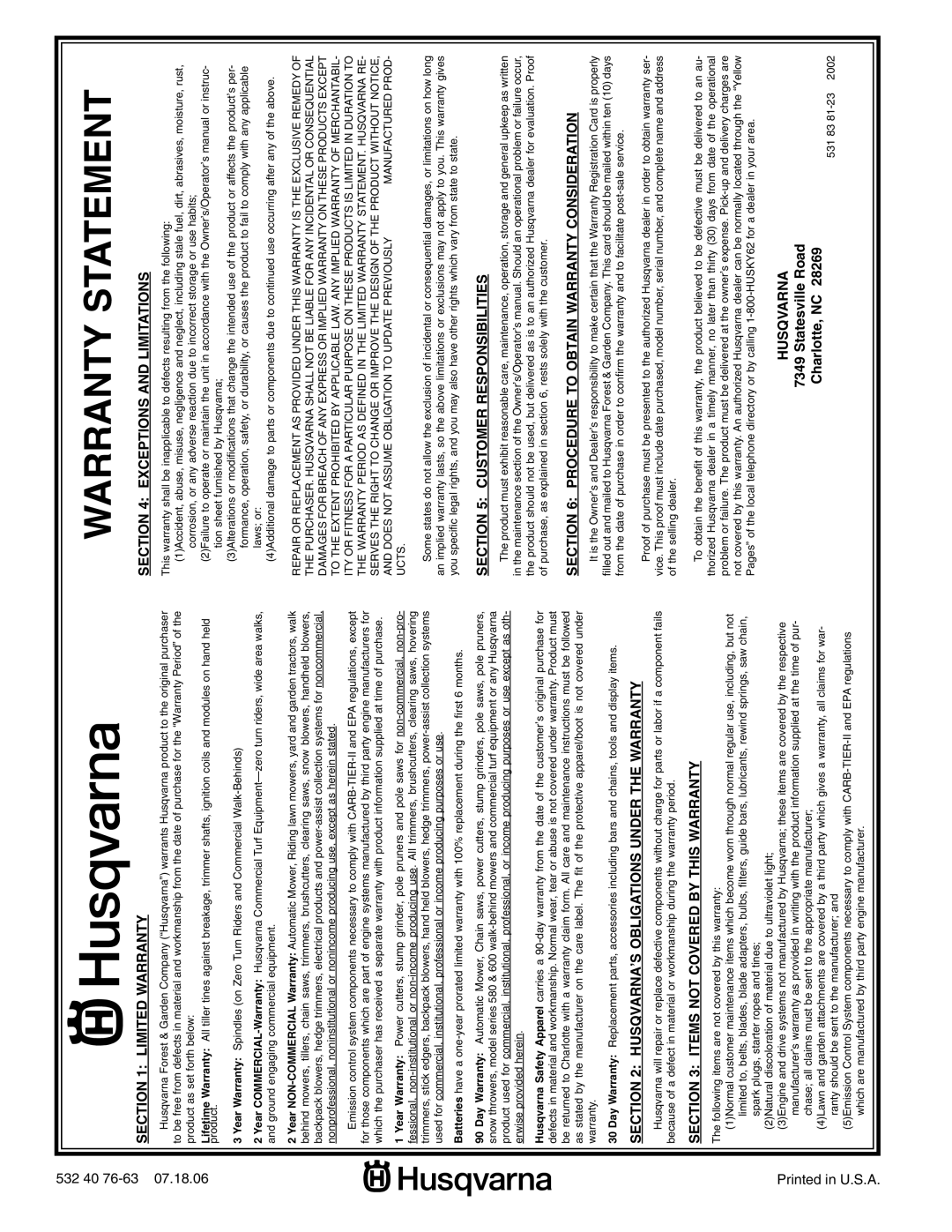 Husqvarna YTH2754XP owner manual Warranty Statement 