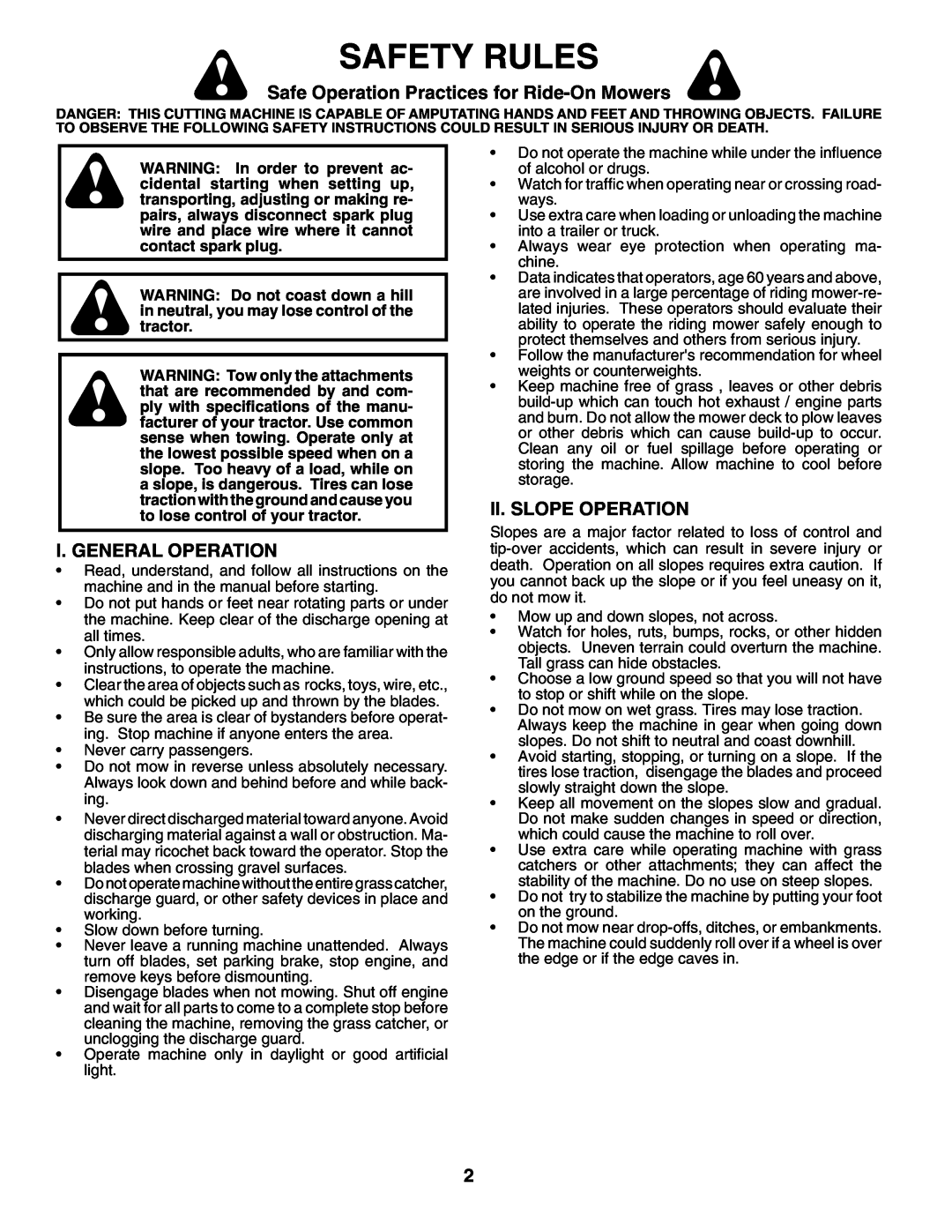 Husqvarna YTH2754XP Safety Rules, Safe Operation Practices for Ride-OnMowers, I. General Operation, Ii. Slope Operation 