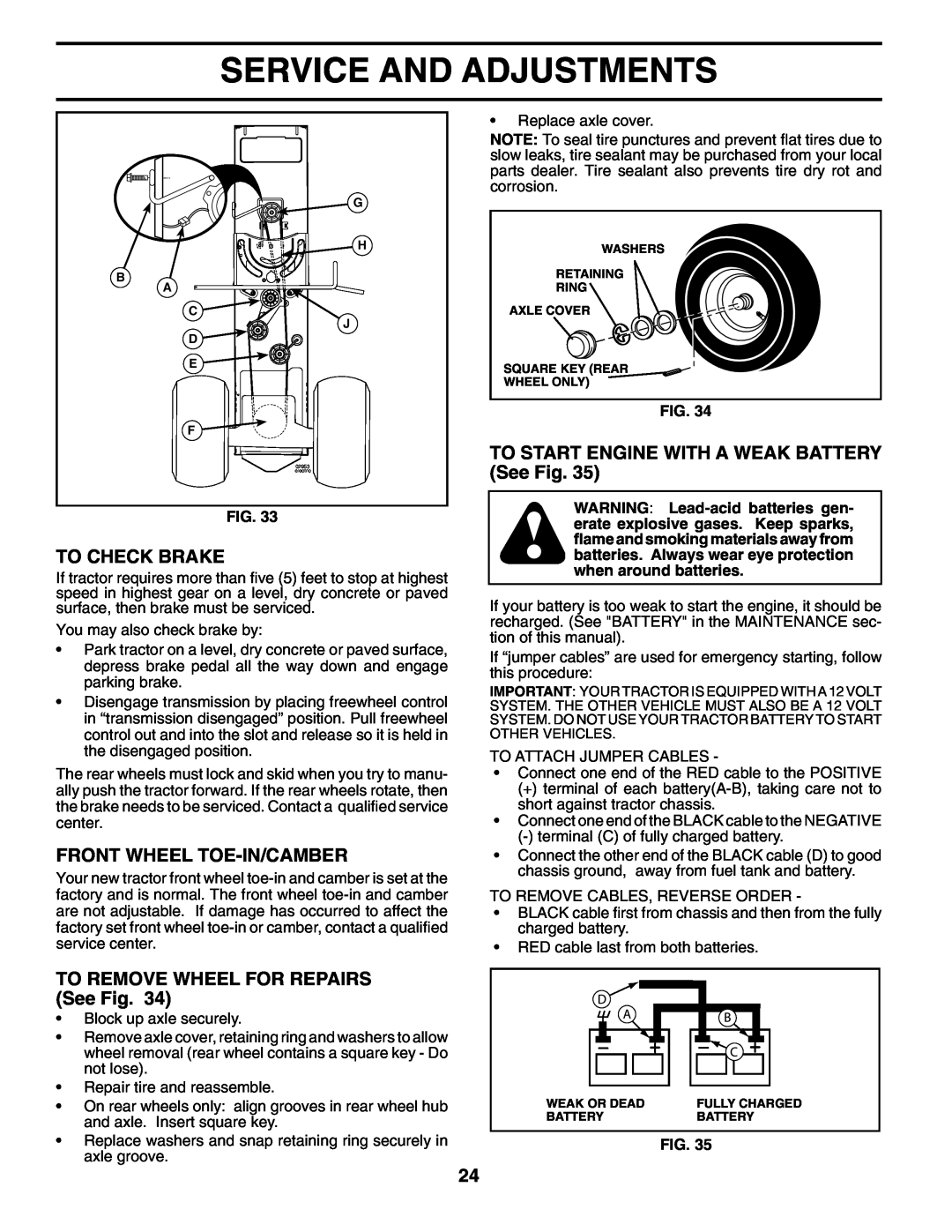 Husqvarna YTH2754XP owner manual Front Wheel Toe-In/Camber, TO REMOVE WHEEL FOR REPAIRS See Fig, Service And Adjustments 