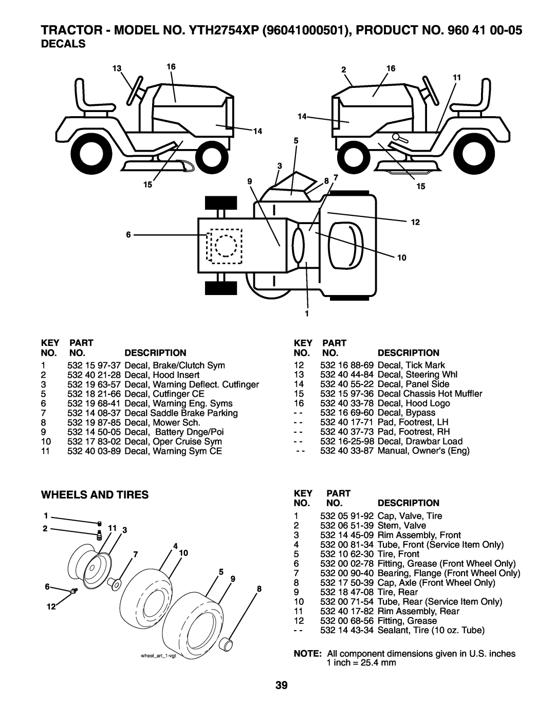 Husqvarna YTH2754XP owner manual Decals, Wheels And Tires, Part, Description 