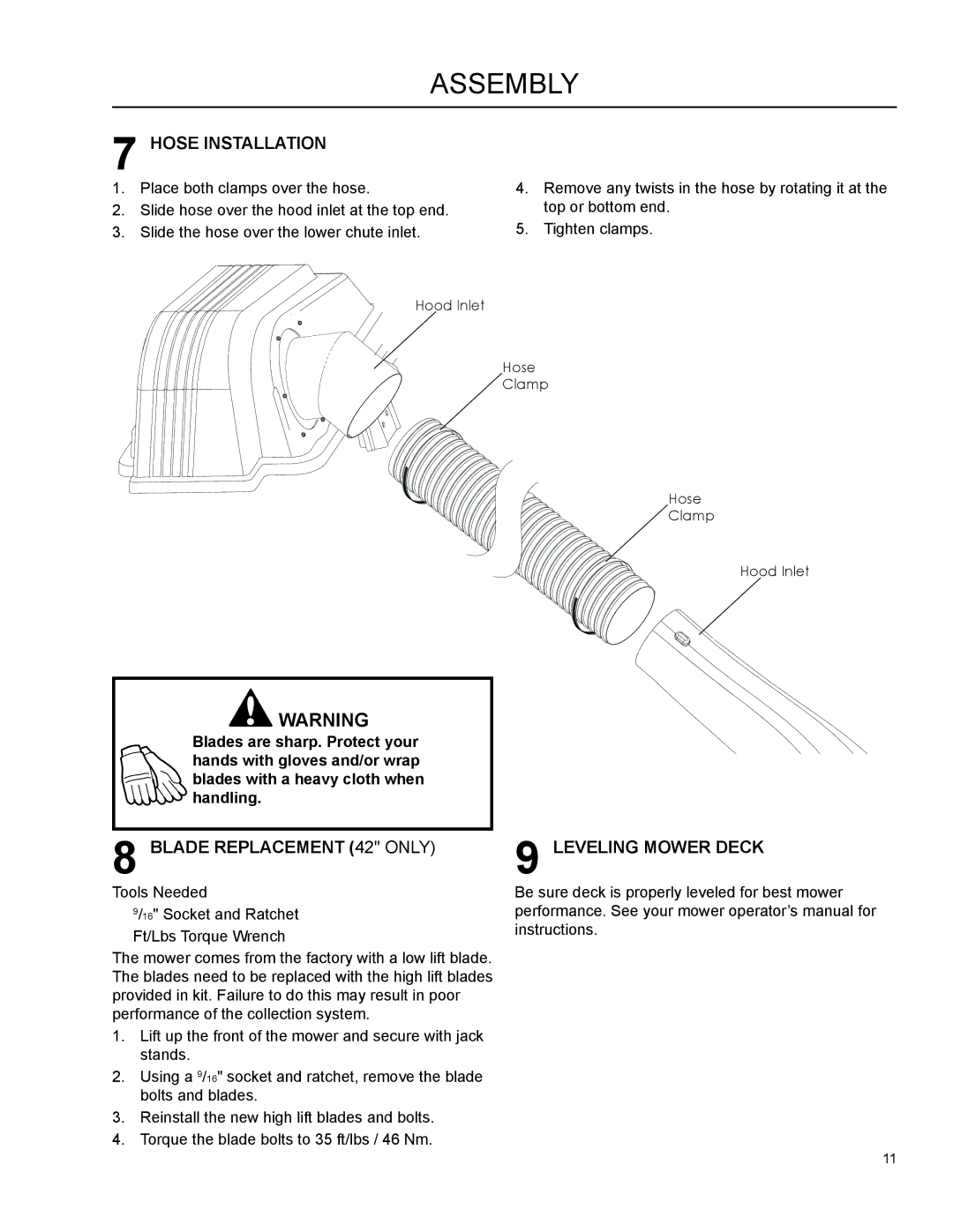 Husqvarna Z 46, Z 42 manual Hose Installation, Blade Replacement 42 only, Leveling Mower Deck 