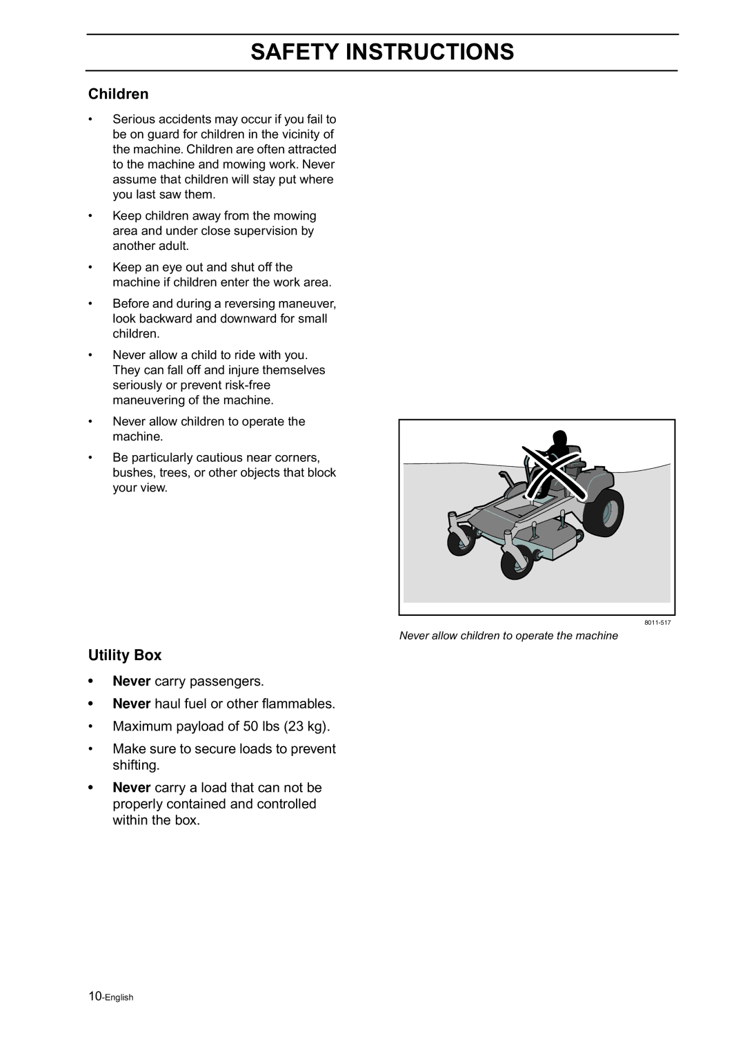 Husqvarna Z18 manual Children, Utility Box 