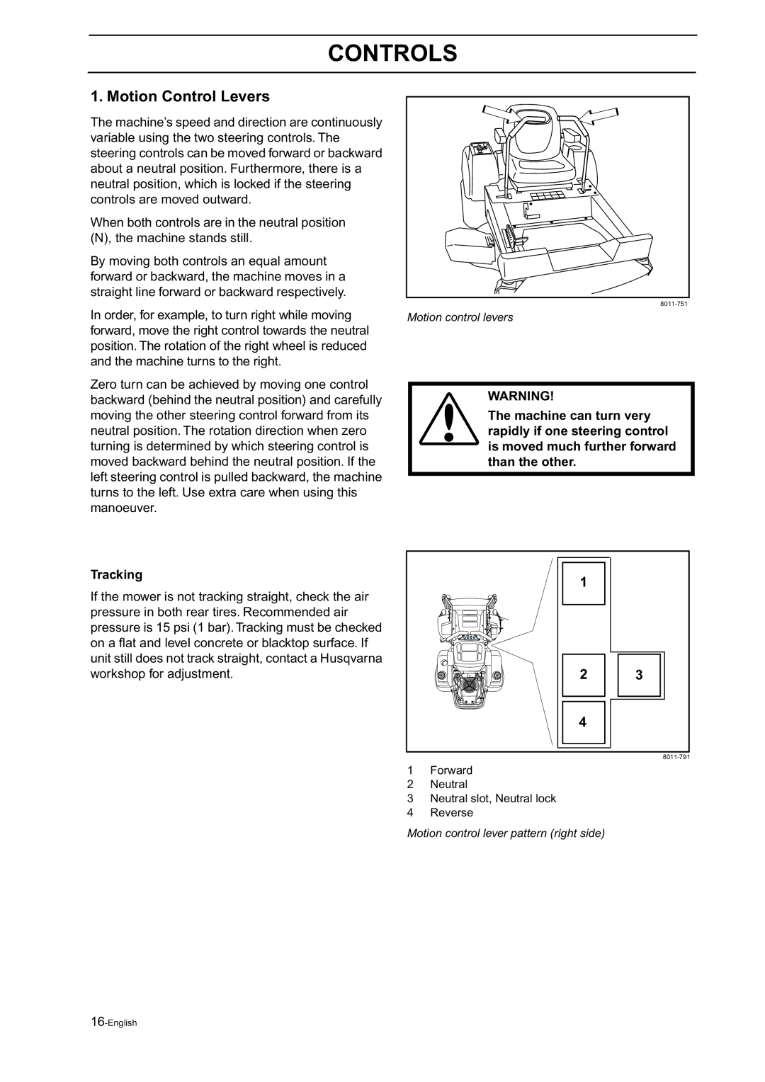 Husqvarna Z18 manual Motion Control Levers, Tracking 