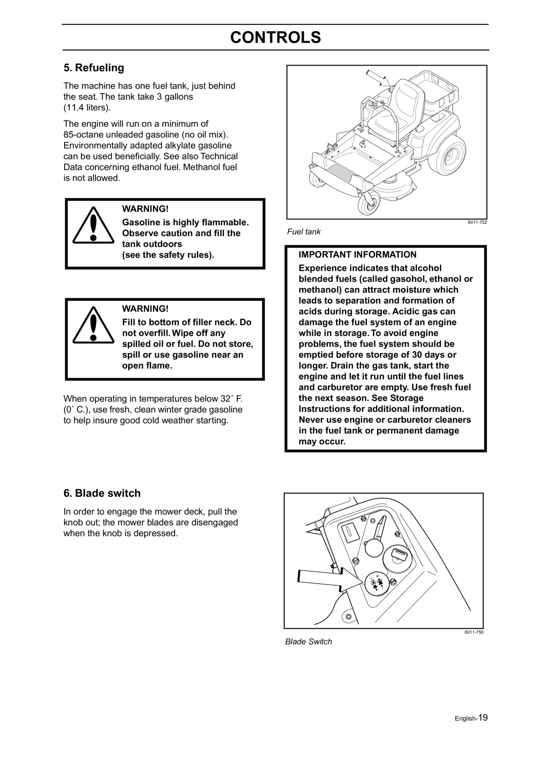 Husqvarna Z18 manual Refueling, Blade switch 