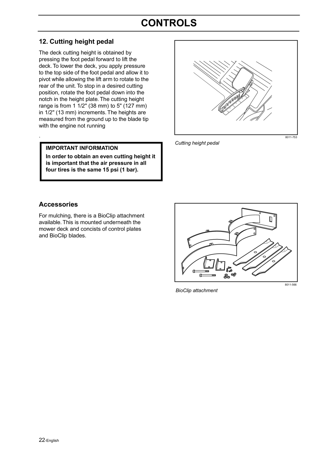 Husqvarna Z18 manual Cutting height pedal, Accessories 