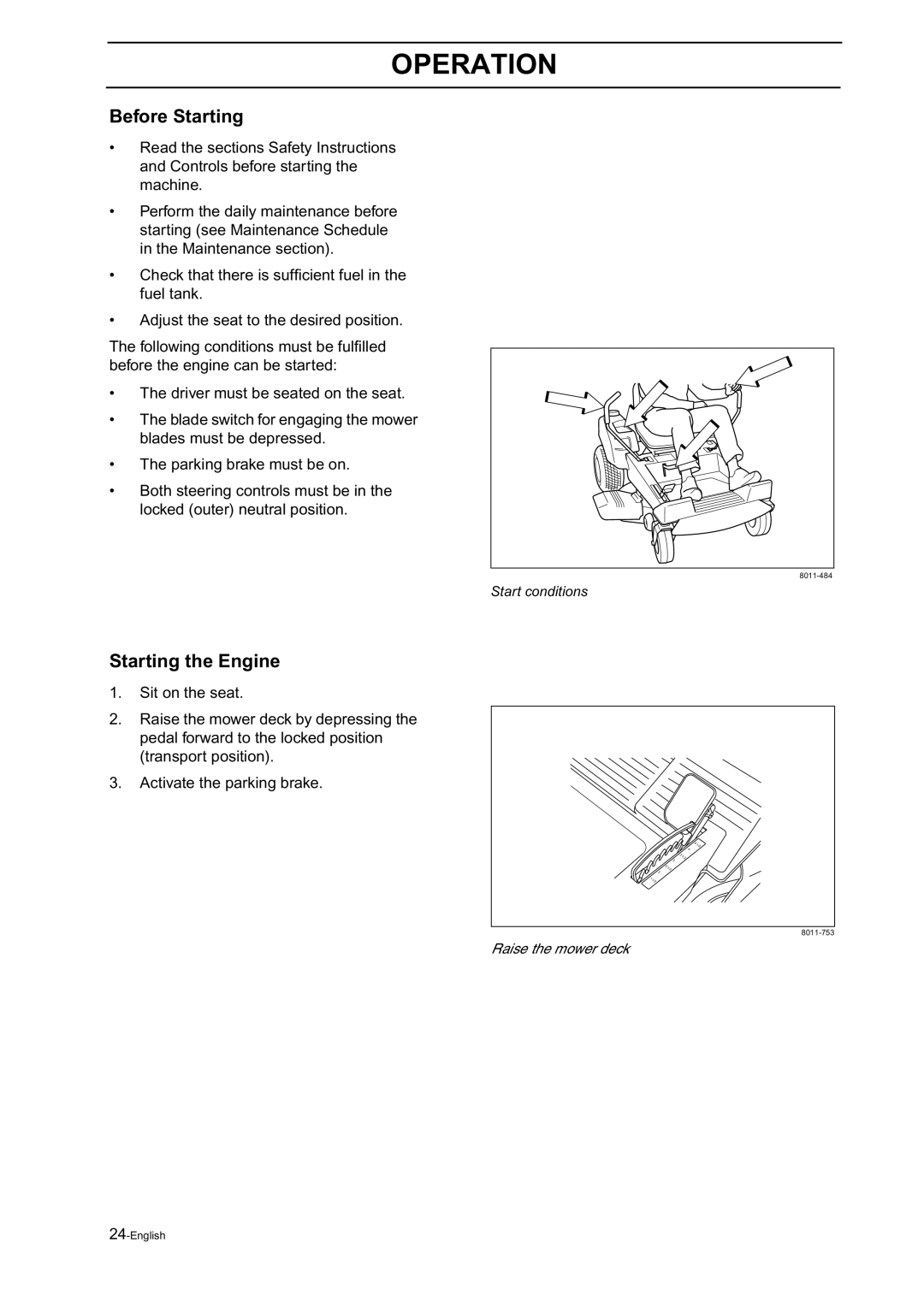 Husqvarna Z18 manual Before Starting, Starting the Engine 