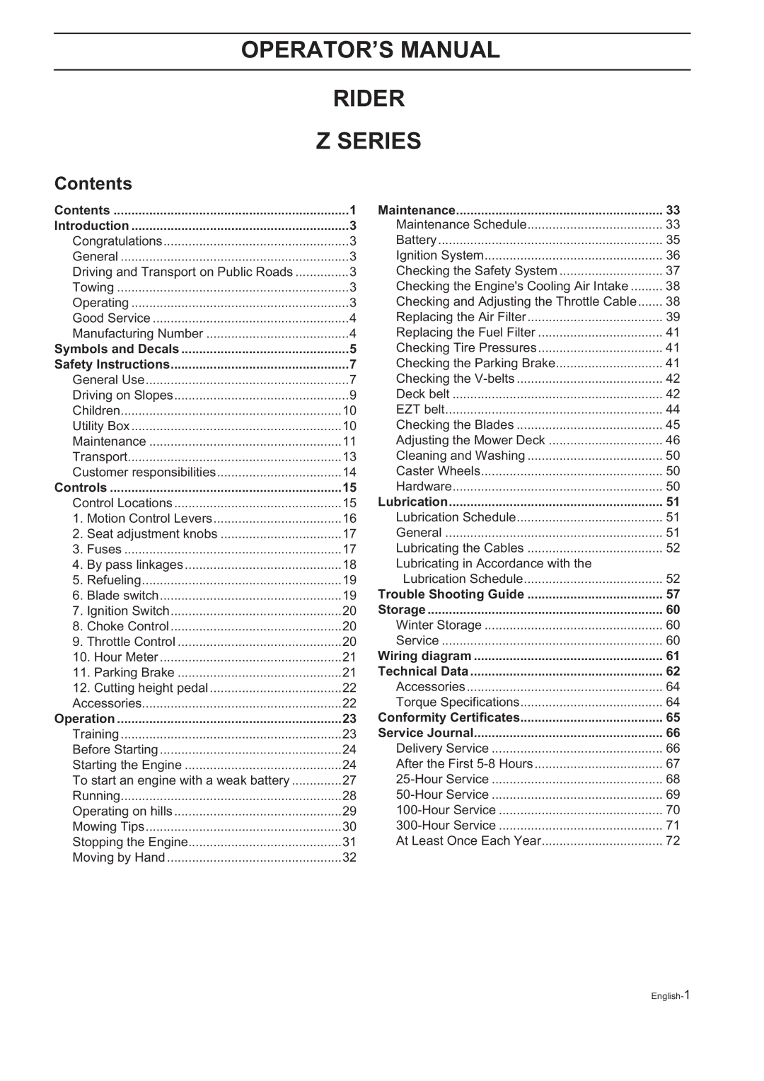 Husqvarna Z18 manual OPERATOR’S Manual Rider Series, Contents 