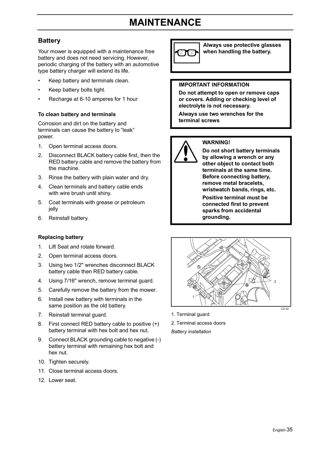 Husqvarna Z18 manual Battery, To clean battery and terminals, Replacing battery 