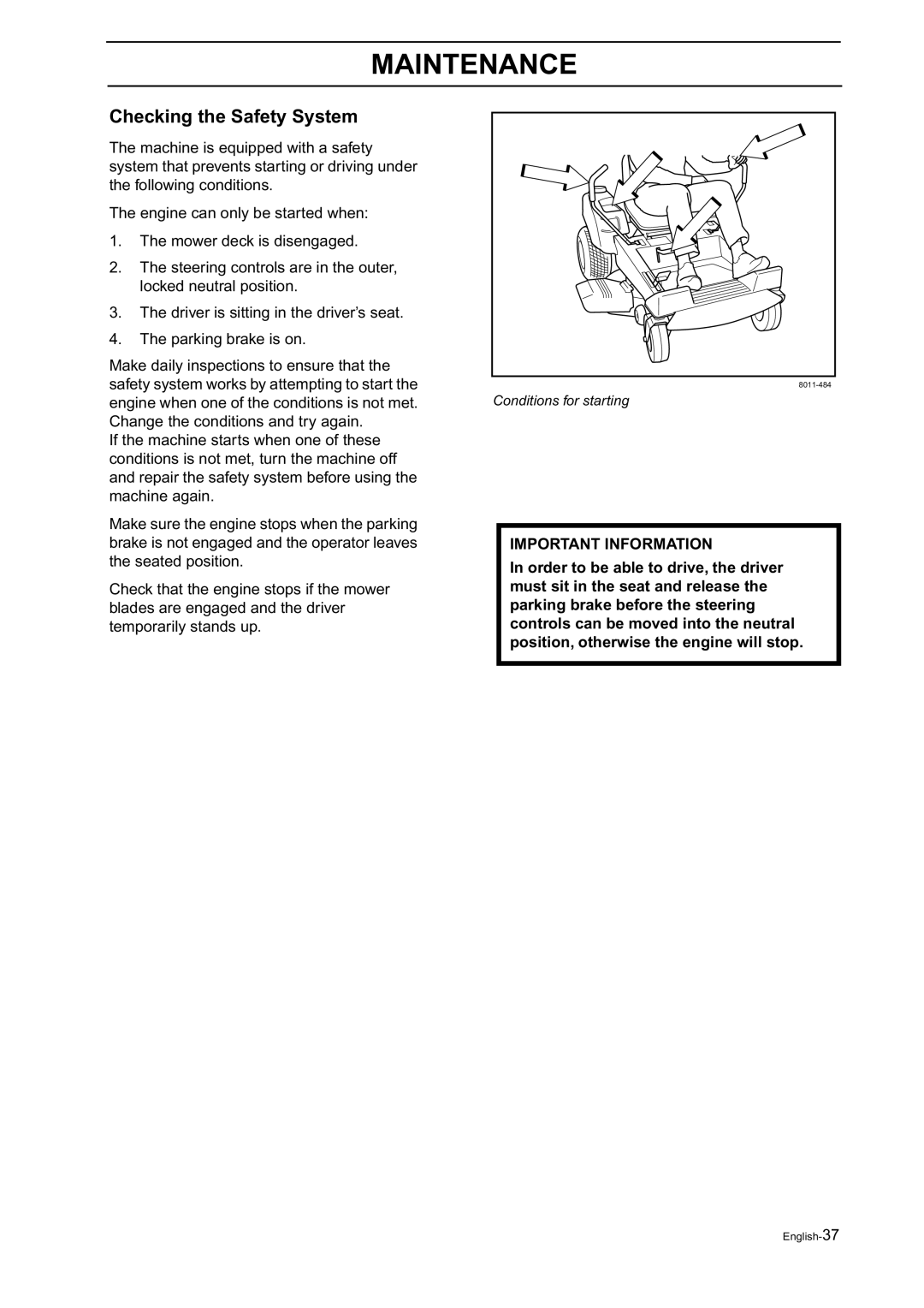 Husqvarna Z18 manual Checking the Safety System 