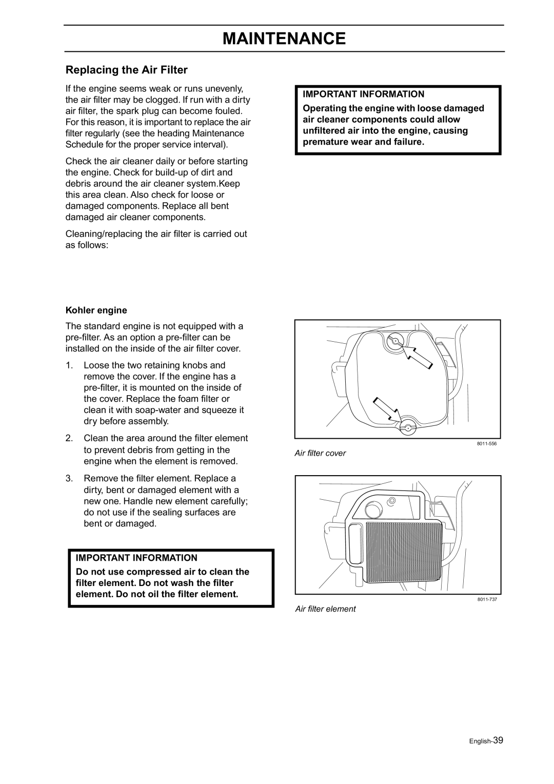 Husqvarna Z18 manual Replacing the Air Filter, Kohler engine 