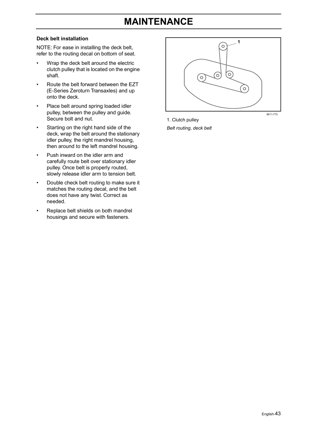 Husqvarna Z18 manual Deck belt installation 