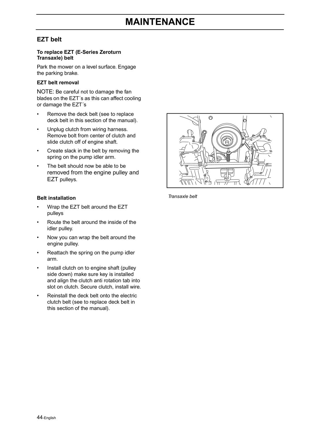 Husqvarna Z18 manual To replace EZT E-Series Zeroturn Transaxle belt, EZT belt removal 