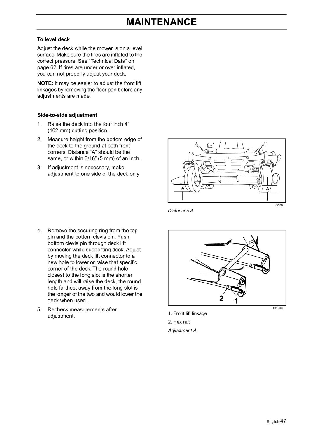 Husqvarna Z18 manual To level deck, Side-to-side adjustment 