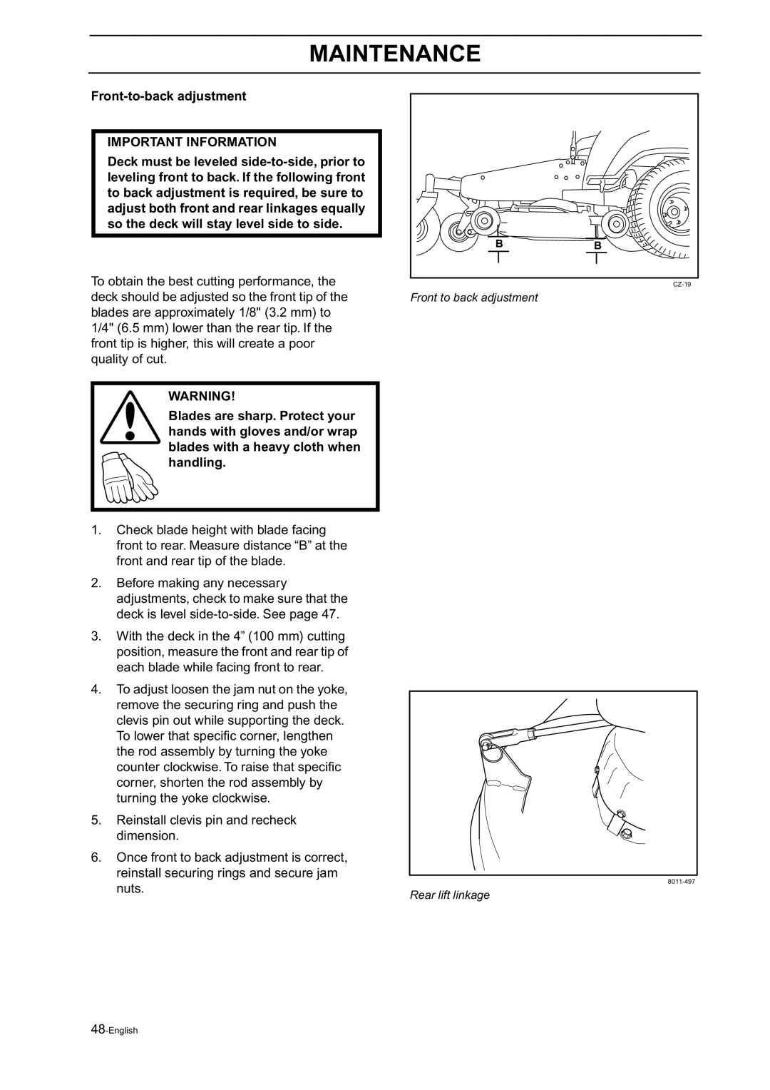 Husqvarna Z18 manual Front-to-back adjustment 