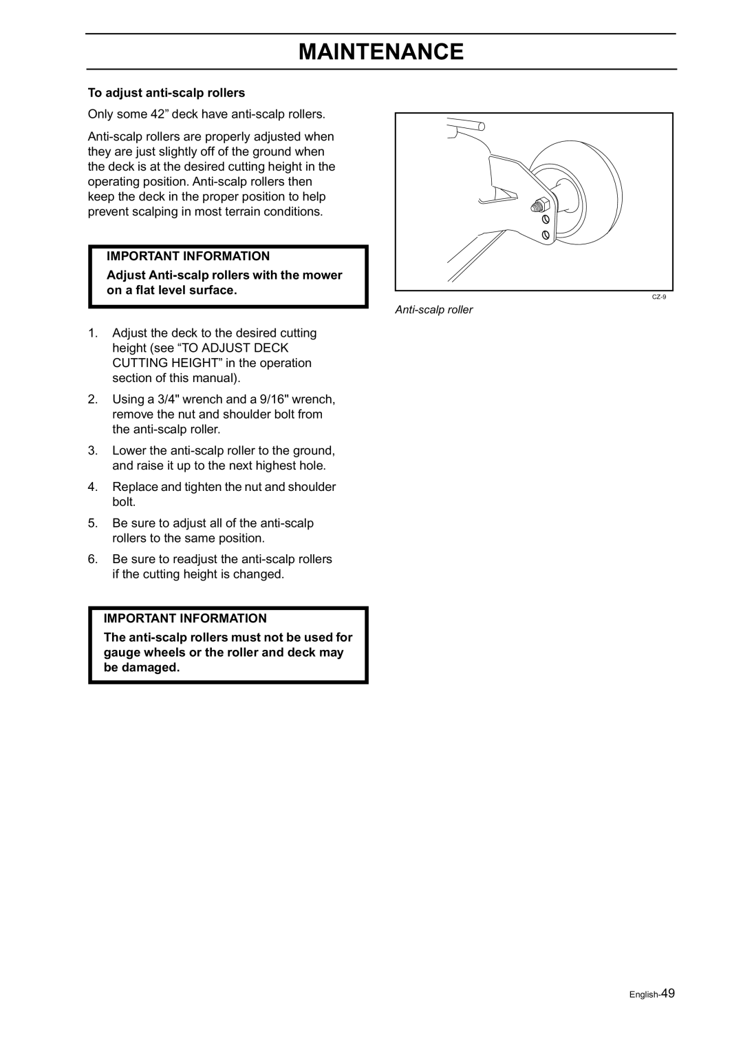 Husqvarna Z18 manual To adjust anti-scalp rollers 