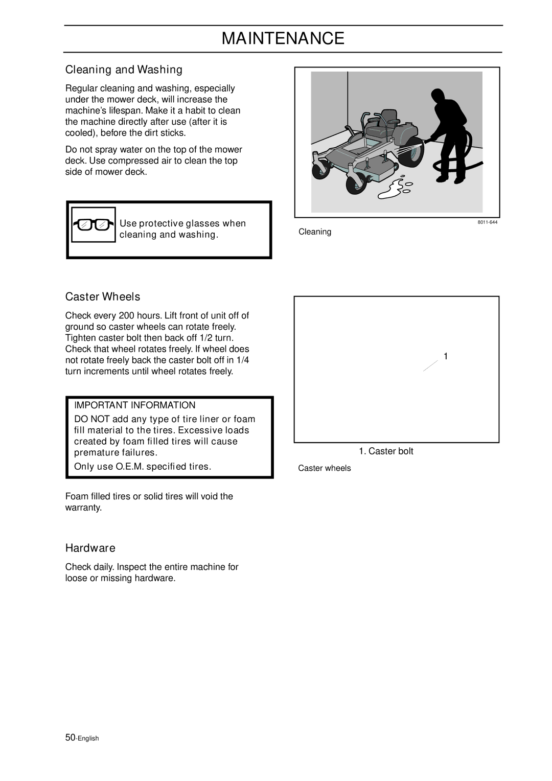 Husqvarna Z18 manual Cleaning and Washing, Caster Wheels, Hardware, Use protective glasses when cleaning and washing 