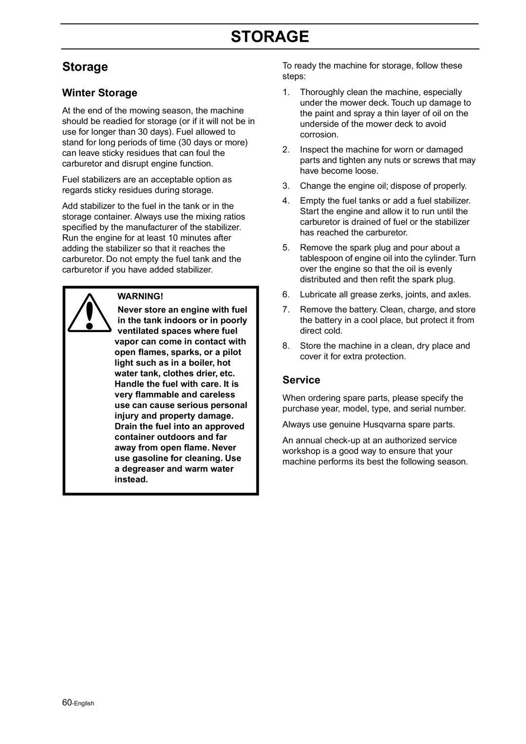 Husqvarna Z18 manual Winter Storage, Service 