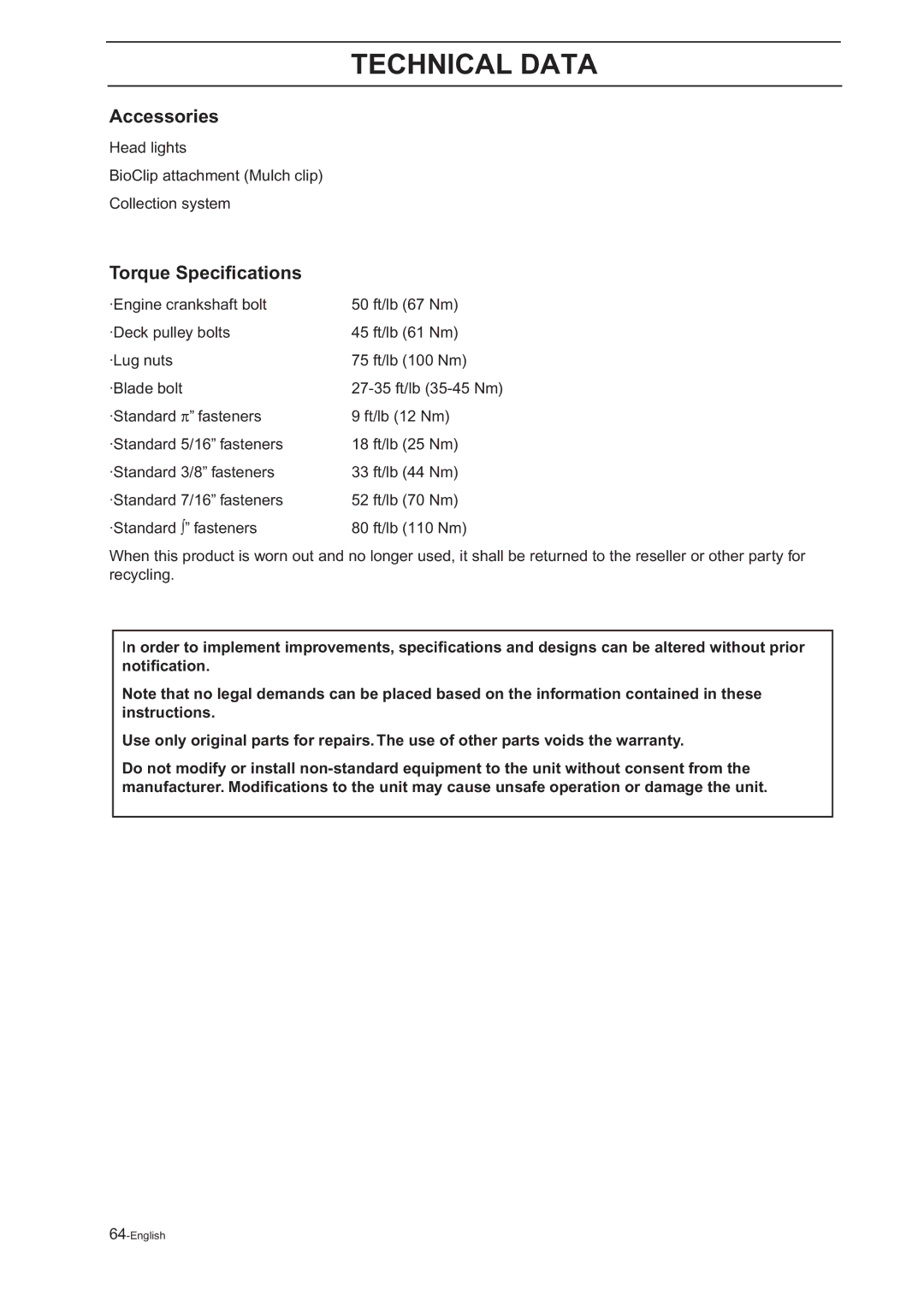 Husqvarna Z18 manual Accessories, Torque Speciﬁcations 