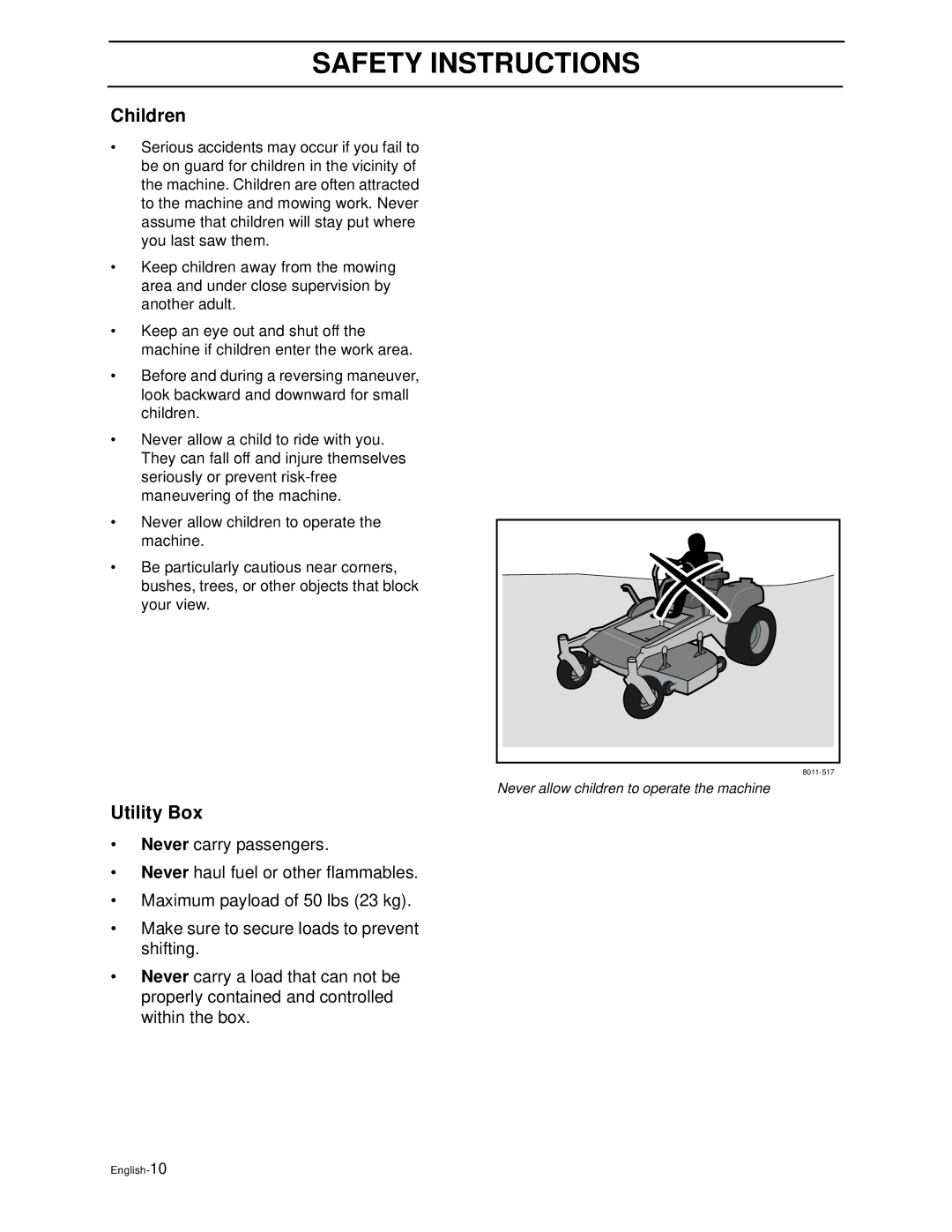 Husqvarna Z3815BIA, Z3815BIA, Z4217BIA, Z4218KOA, Z4218KOA manual Children, Utility Box 