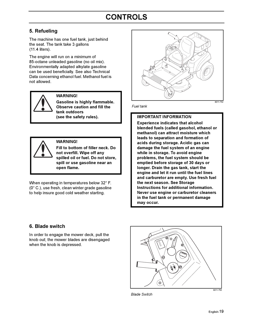 Husqvarna Z3815BIA, Z3815BIA, Z4217BIA, Z4218KOA, Z4218KOA manual Refueling, Blade switch 