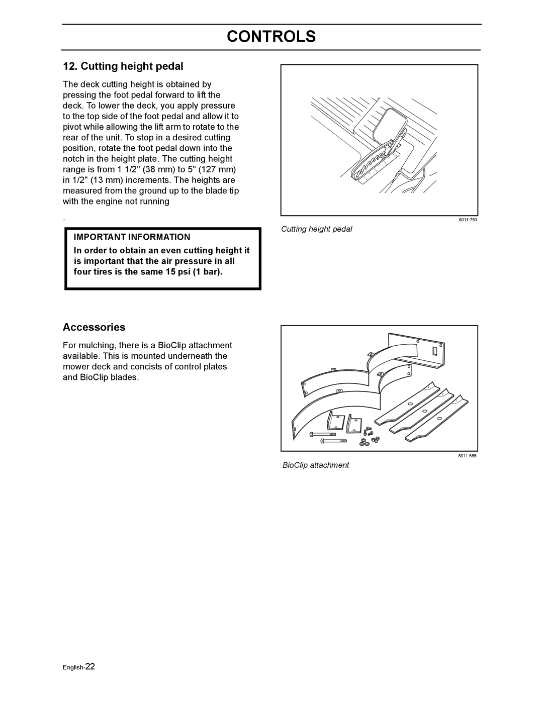 Husqvarna Z3815BIA, Z3815BIA, Z4217BIA, Z4218KOA, Z4218KOA manual Cutting height pedal, Accessories 