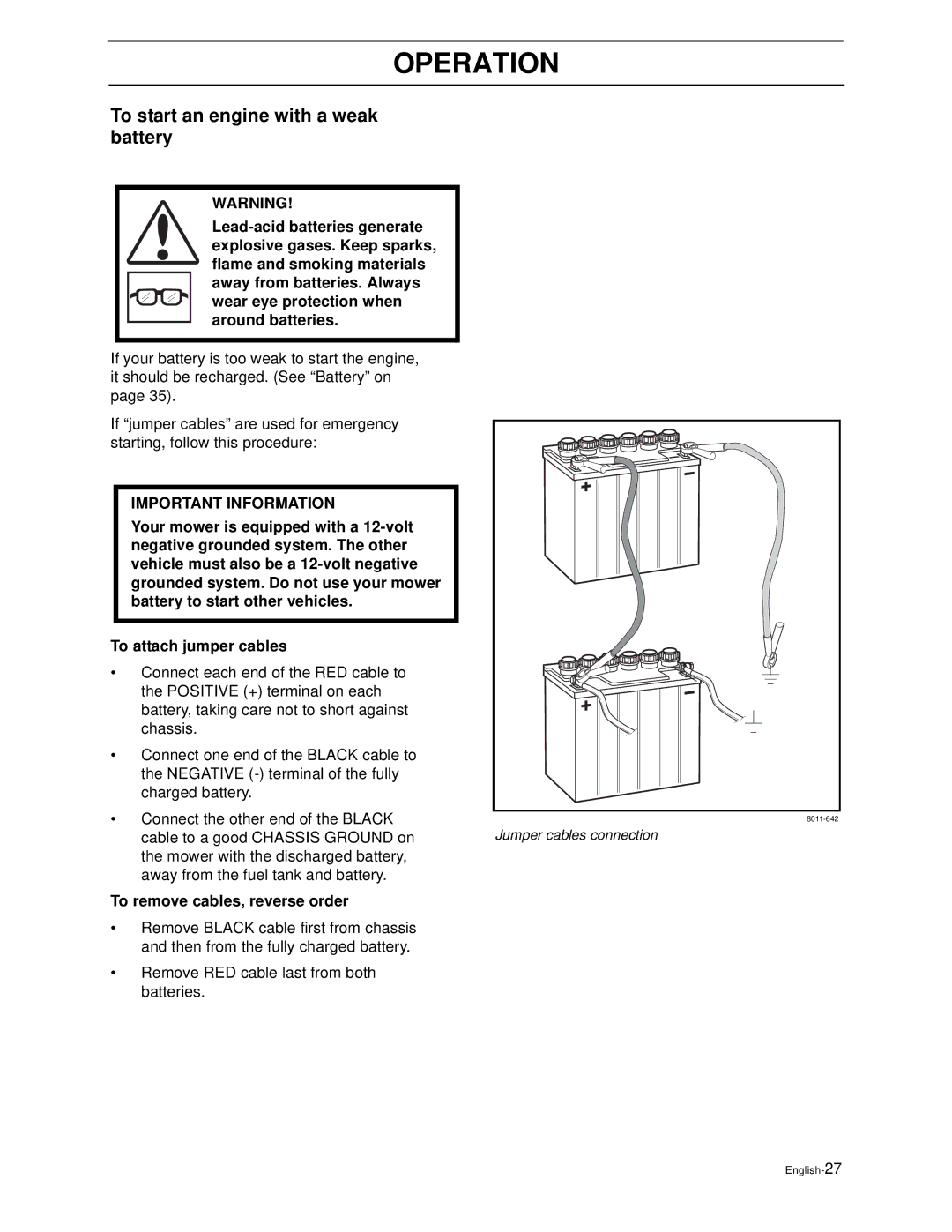 Husqvarna Z3815BIA, Z3815BIA, Z4217BIA, Z4218KOA, Z4218KOA manual To start an engine with a weak battery 