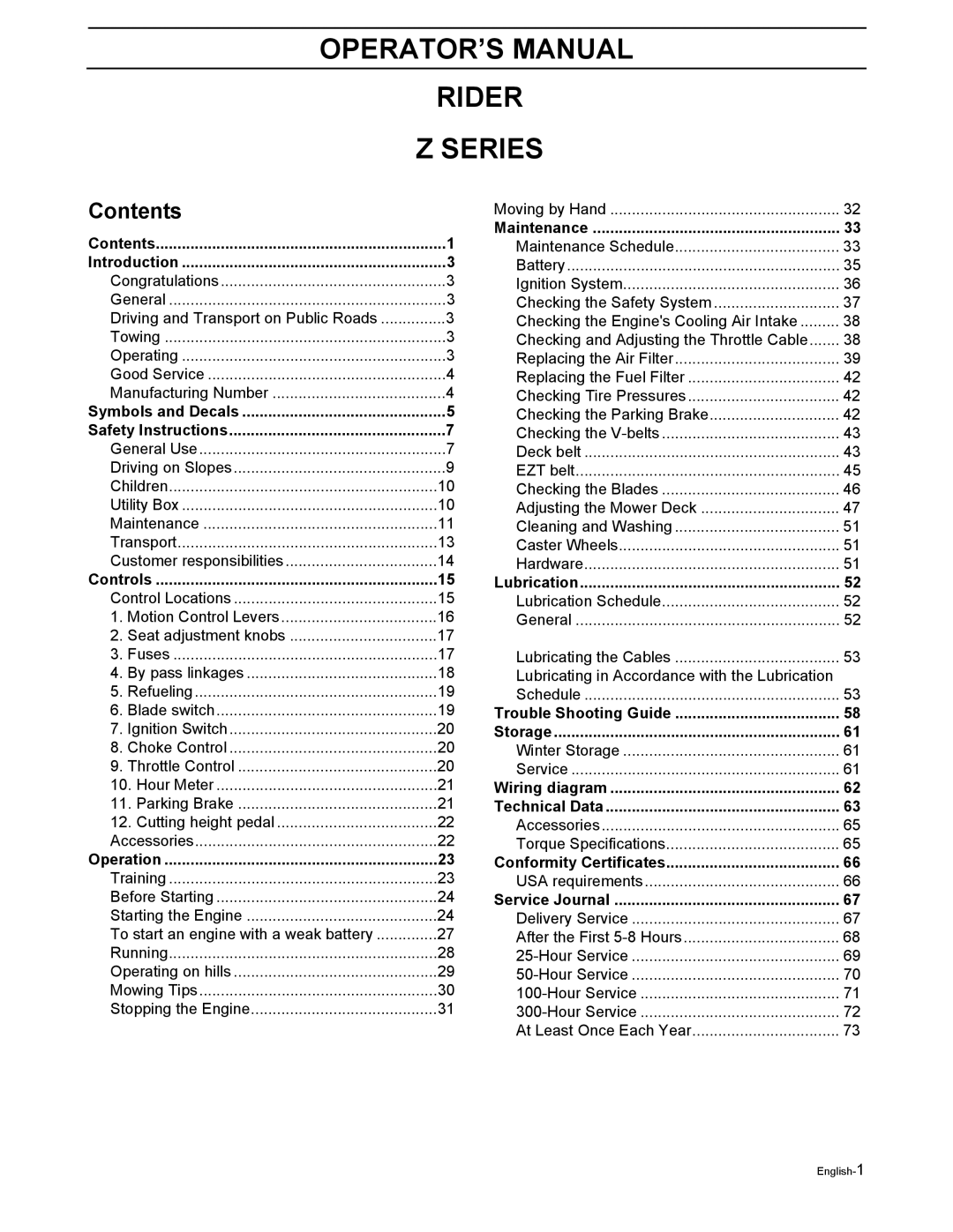 Husqvarna Z3815BIA, Z3815BIA, Z4217BIA, Z4218KOA, Z4218KOA manual OPERATOR’S Manual Rider Series, Contents 