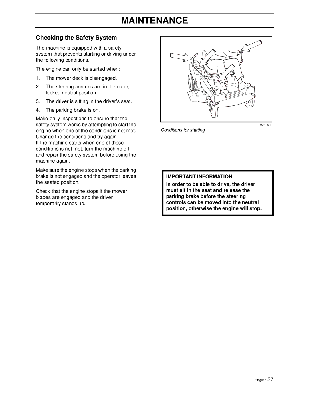 Husqvarna Z3815BIA, Z3815BIA, Z4217BIA, Z4218KOA, Z4218KOA manual Checking the Safety System 