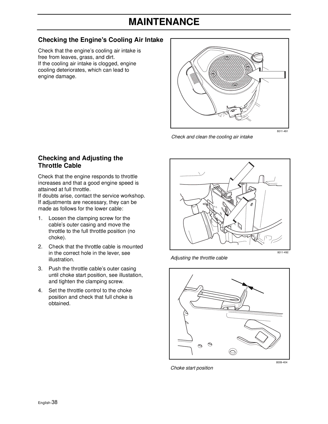 Husqvarna Z3815BIA, Z3815BIA, Z4217BIA, Z4218KOA, Z4218KOA manual Checking the Engines Cooling Air Intake 