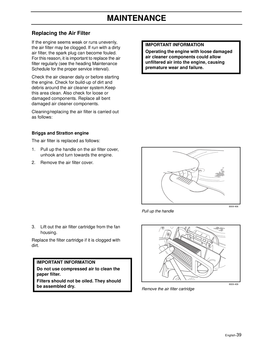 Husqvarna Z3815BIA, Z3815BIA, Z4217BIA, Z4218KOA, Z4218KOA manual Replacing the Air Filter, Briggs and Stratton engine 