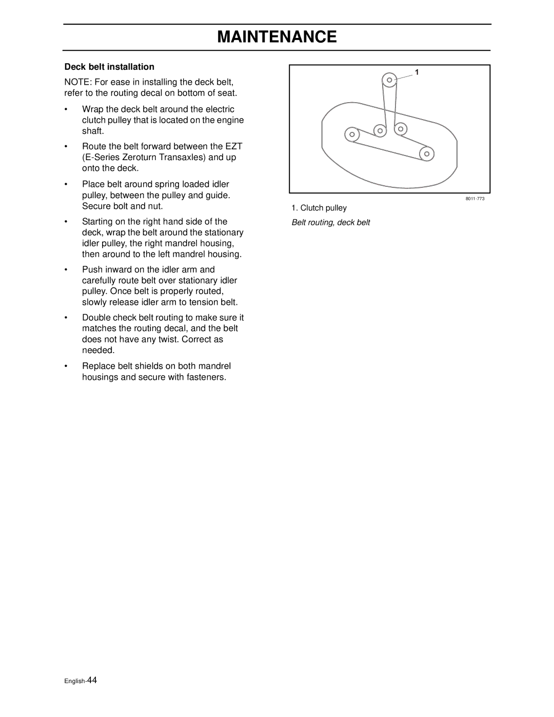 Husqvarna Z3815BIA, Z3815BIA, Z4217BIA, Z4218KOA, Z4218KOA manual Deck belt installation 