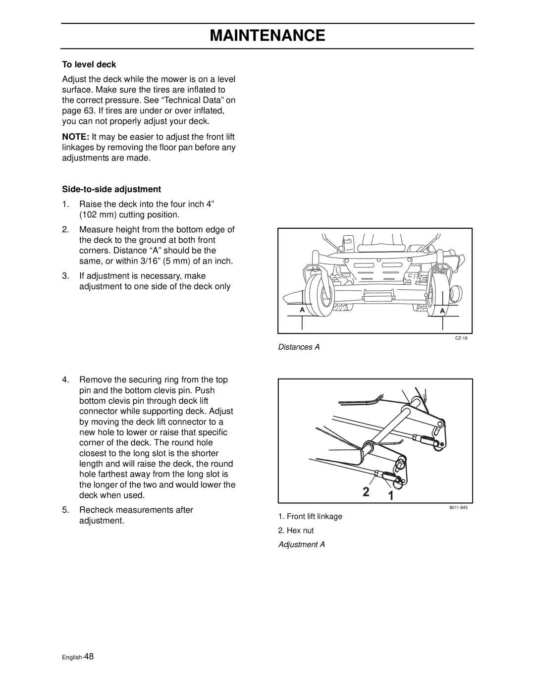 Husqvarna Z3815BIA, Z3815BIA, Z4217BIA, Z4218KOA, Z4218KOA manual To level deck, Side-to-side adjustment 