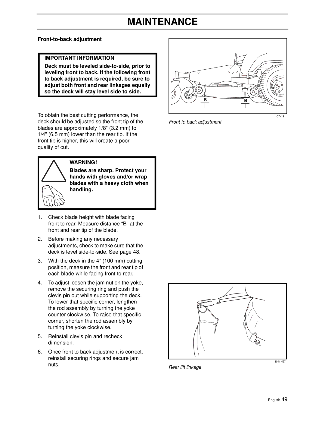 Husqvarna Z3815BIA, Z3815BIA, Z4217BIA, Z4218KOA, Z4218KOA manual Front-to-back adjustment 