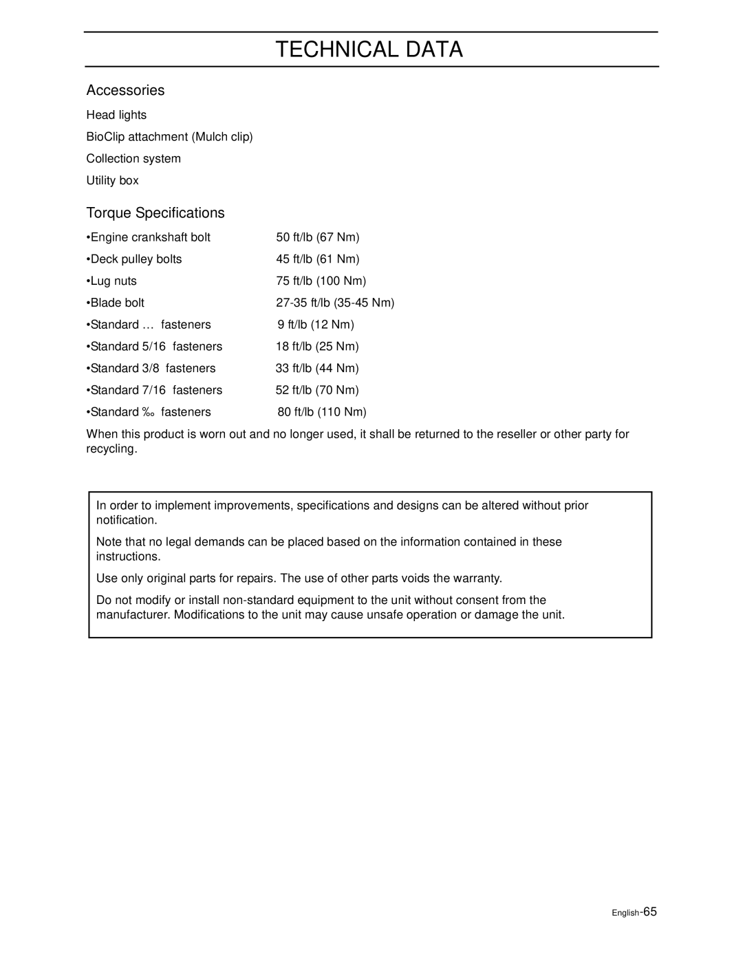 Husqvarna Z3815BIA, Z3815BIA, Z4217BIA, Z4218KOA, Z4218KOA manual Accessories, Torque Specifications 