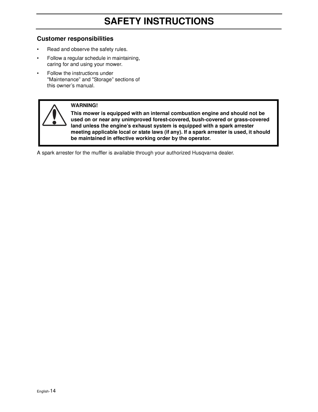 Husqvarna Z4818BIA/968999250 manual Customer responsibilities 