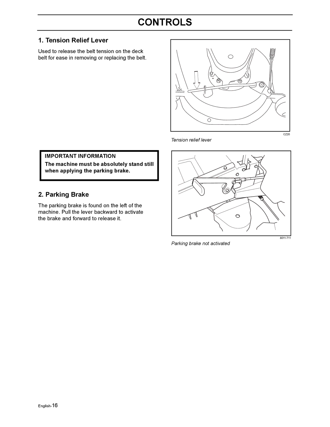 Husqvarna Z4818BIA/968999250 manual Tension Relief Lever, Parking Brake 