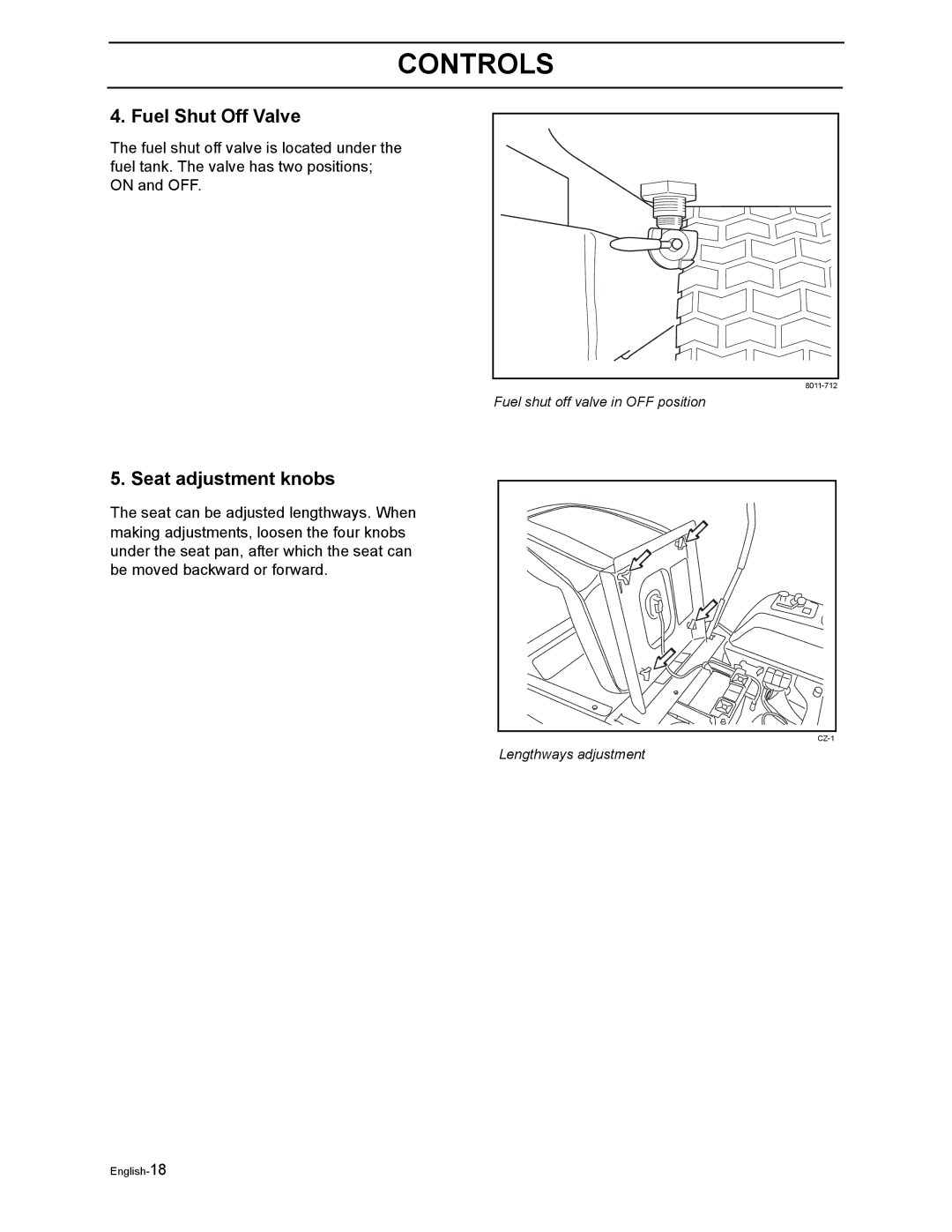 Husqvarna Z4818BIA/968999250 manual Fuel Shut Off Valve, Seat adjustment knobs 