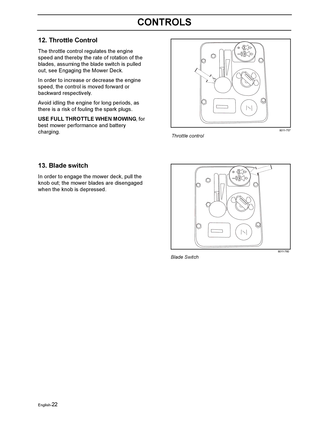 Husqvarna Z4818BIA/968999250 manual Throttle Control, Blade switch 