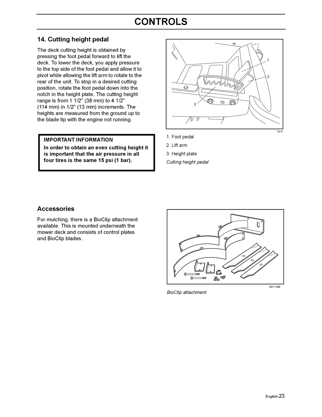 Husqvarna Z4818BIA/968999250 manual Cutting height pedal, Accessories 