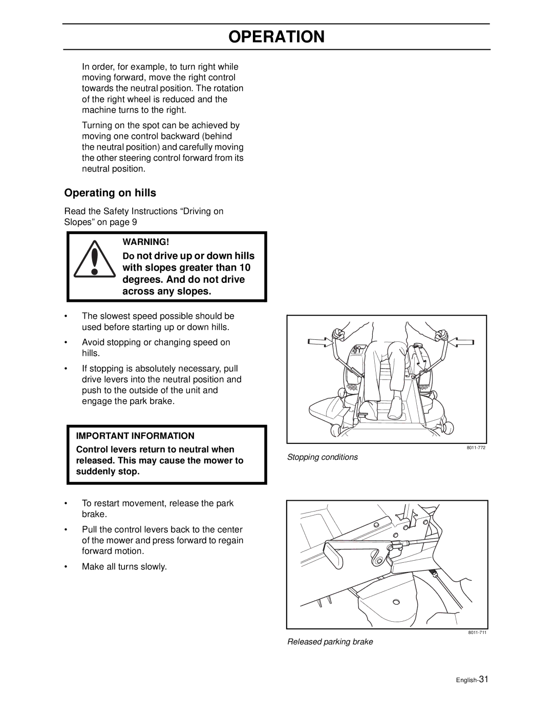 Husqvarna Z4818BIA/968999250 manual Operating on hills 