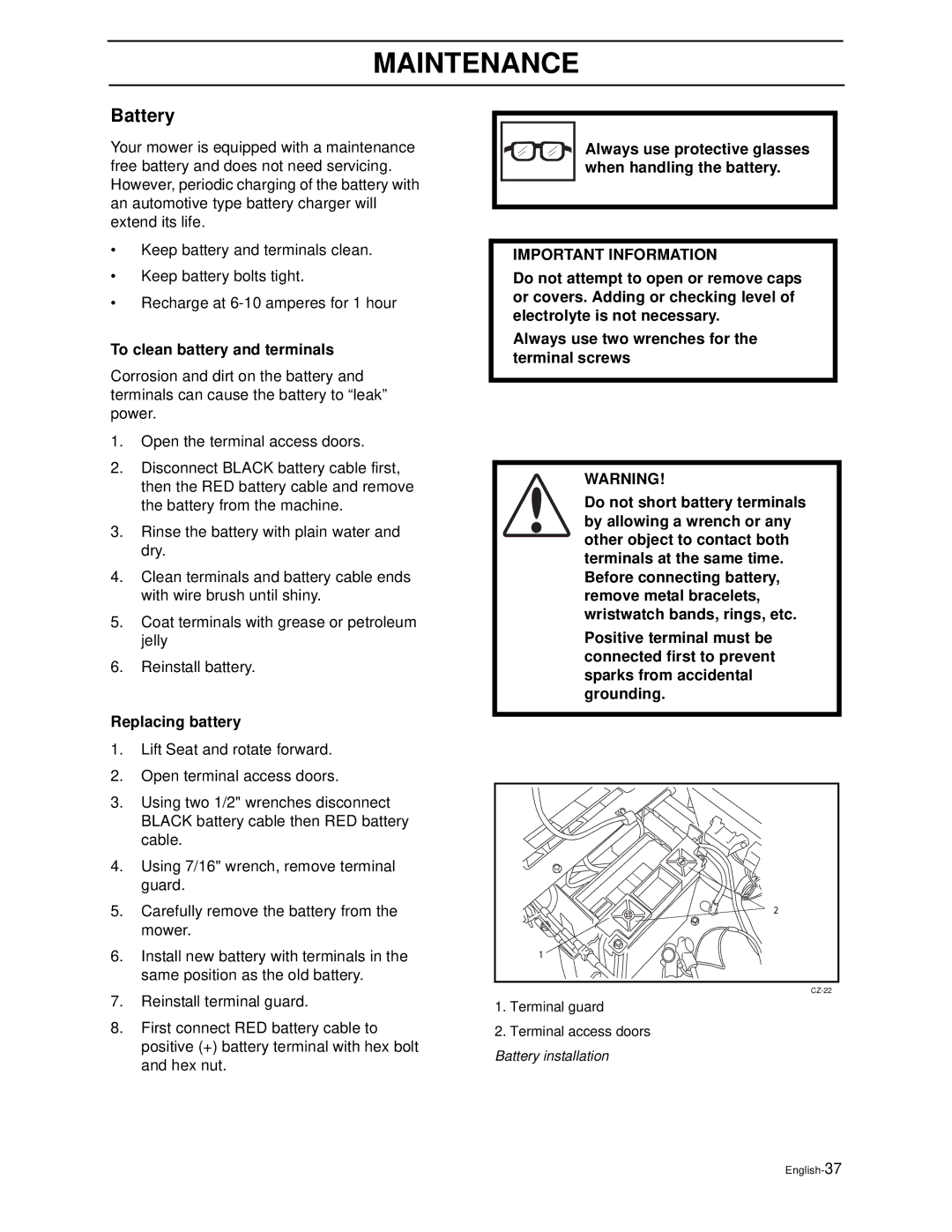 Husqvarna Z4818BIA/968999250 manual Battery, To clean battery and terminals, Replacing battery 