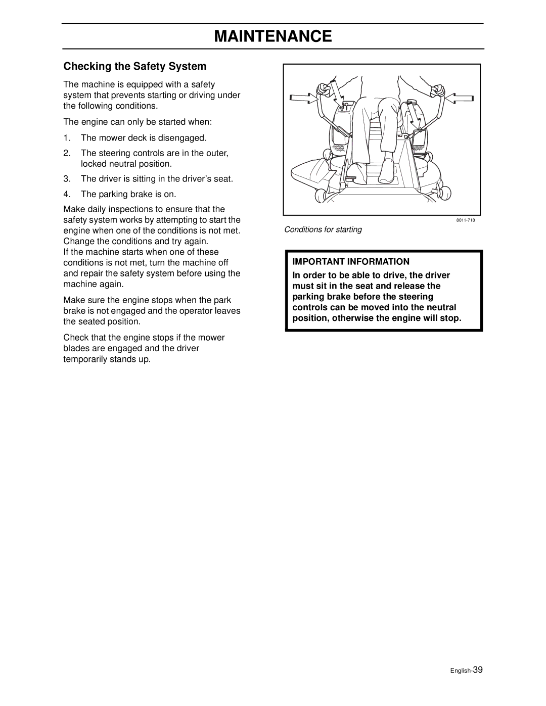 Husqvarna Z4818BIA/968999250 manual Checking the Safety System 