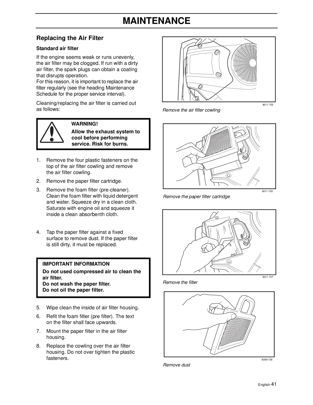 Husqvarna Z4818BIA/968999250 manual Replacing the Air Filter, Standard air filter 