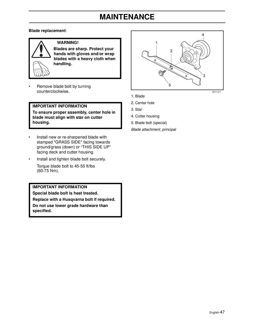 Husqvarna Z4818BIA/968999250 manual Remove blade bolt by turning counterclockwise 