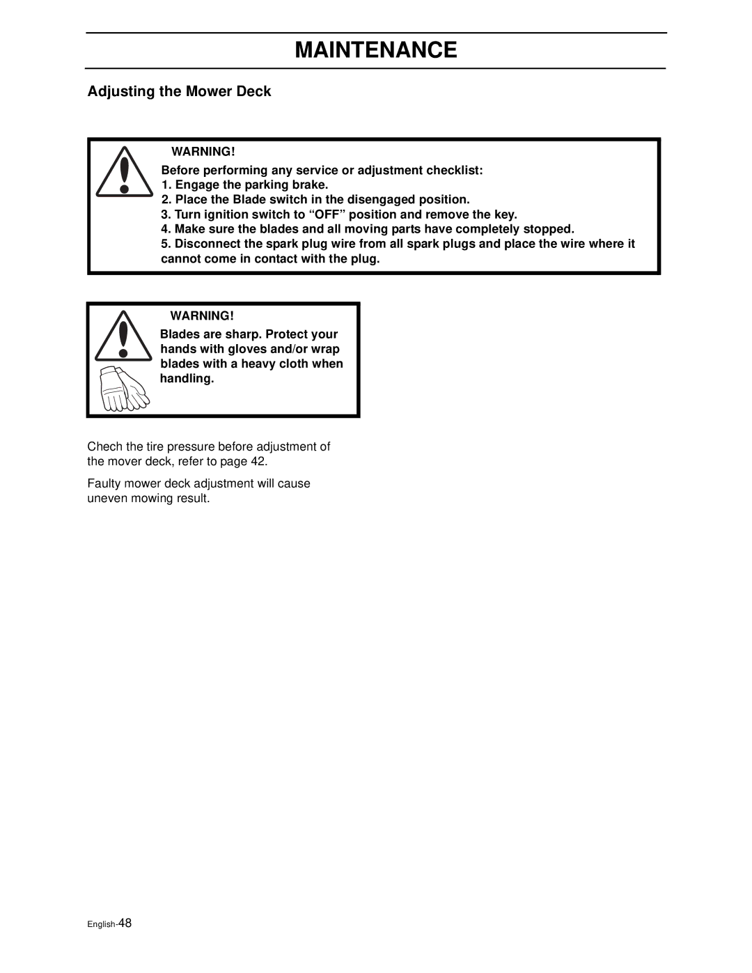 Husqvarna Z4818BIA/968999250 manual Adjusting the Mower Deck 