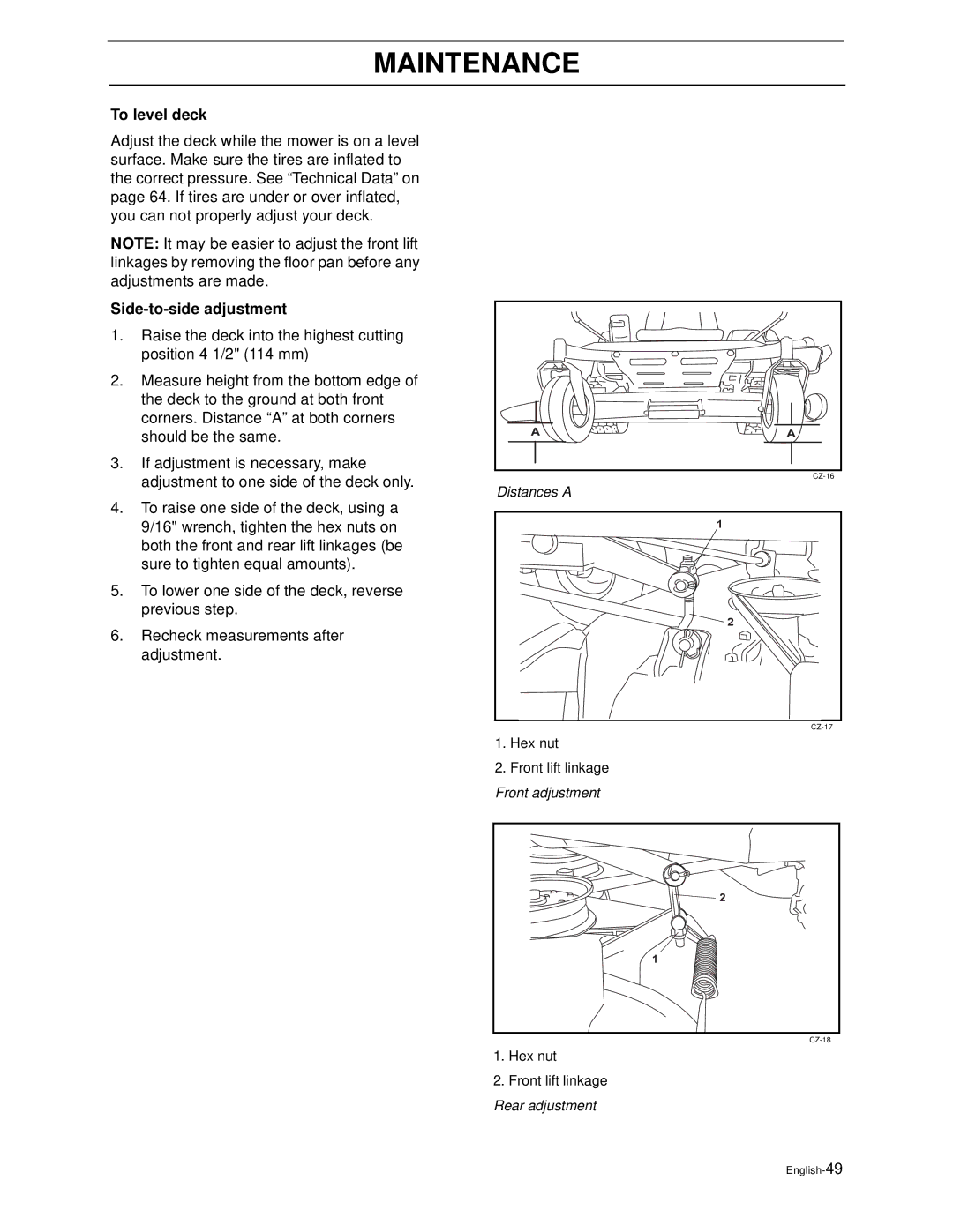 Husqvarna Z4818BIA/968999250 manual To level deck, Side-to-side adjustment 