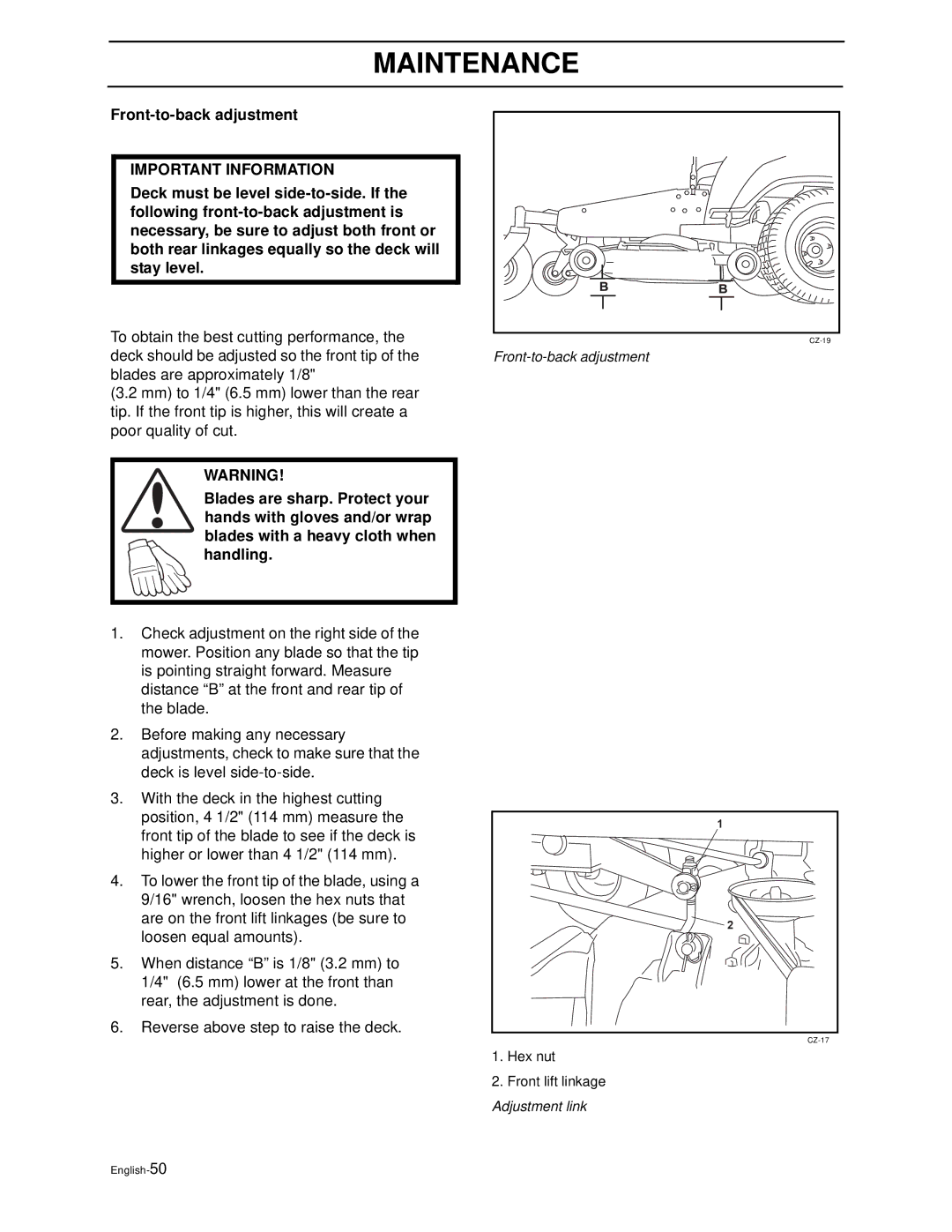 Husqvarna Z4818BIA/968999250 manual Front-to-back adjustment 