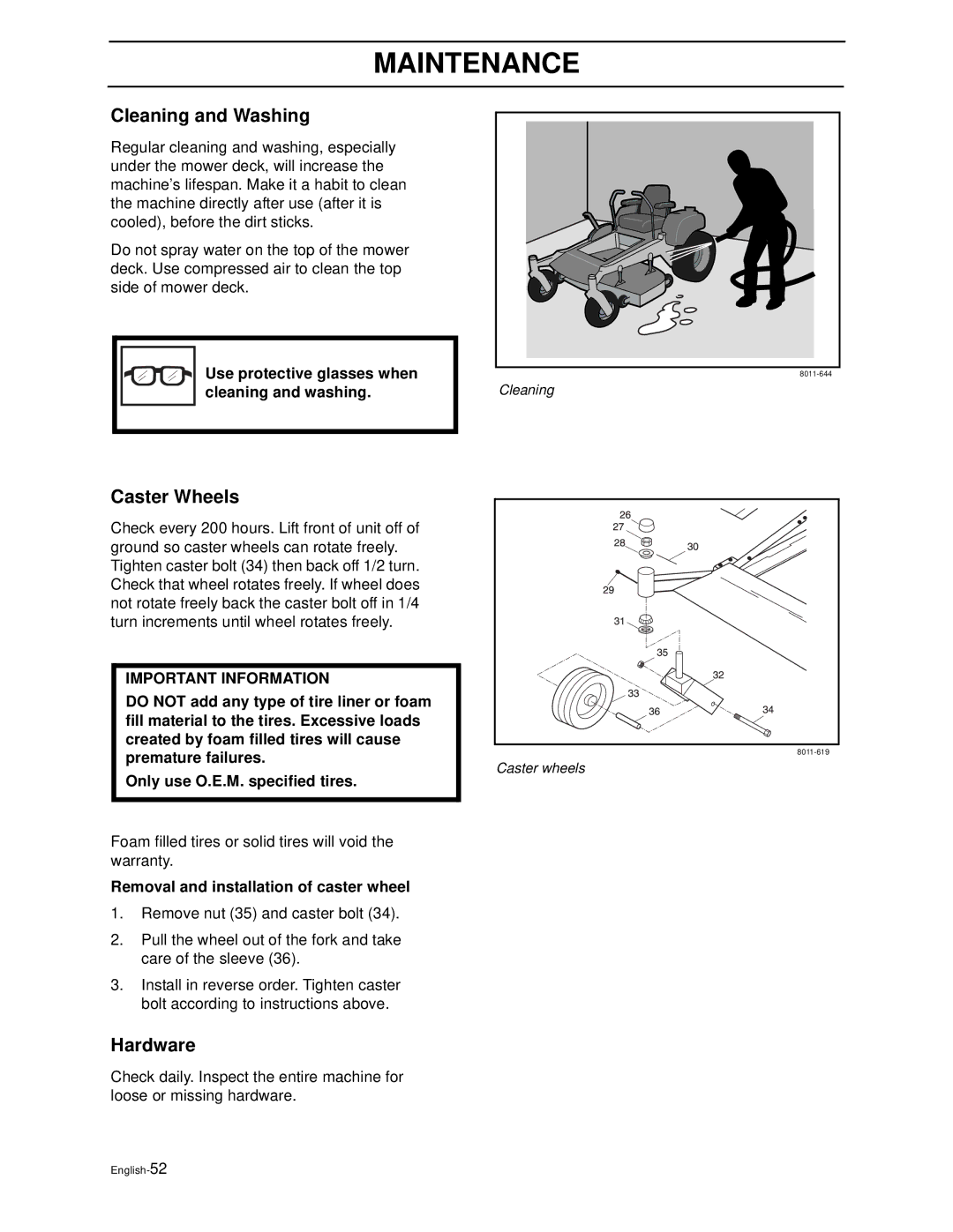 Husqvarna Z4818BIA/968999250 manual Cleaning and Washing, Caster Wheels, Hardware, Removal and installation of caster wheel 