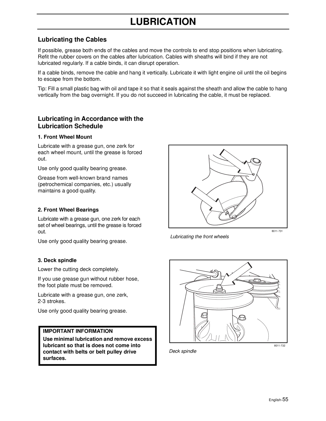 Husqvarna Z4818BIA/968999250 Lubricating the Cables, Lubricating in Accordance with the Lubrication Schedule, Deck spindle 